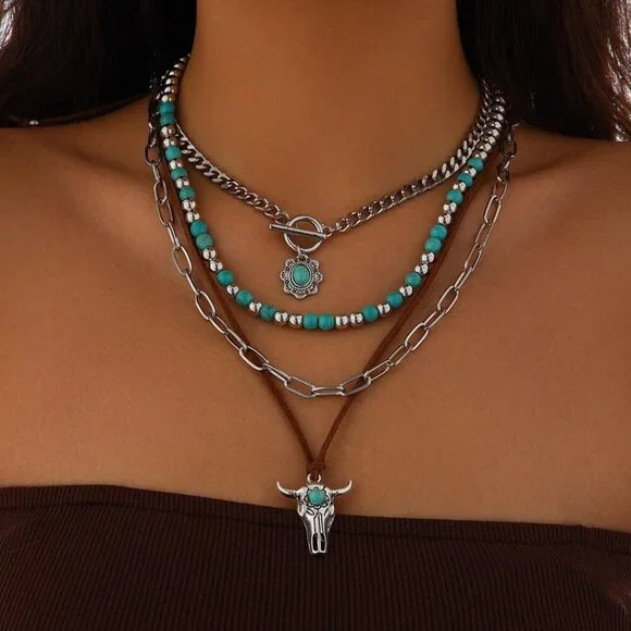 Women's Vintage Western Turquoise Beaded Western Cactus Cross Chain Necklaces - Picture 2 of 6